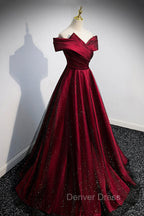 Burgundy Satin Off the Shoulder Prom Dress, A Line Prom Graduation Dresses
