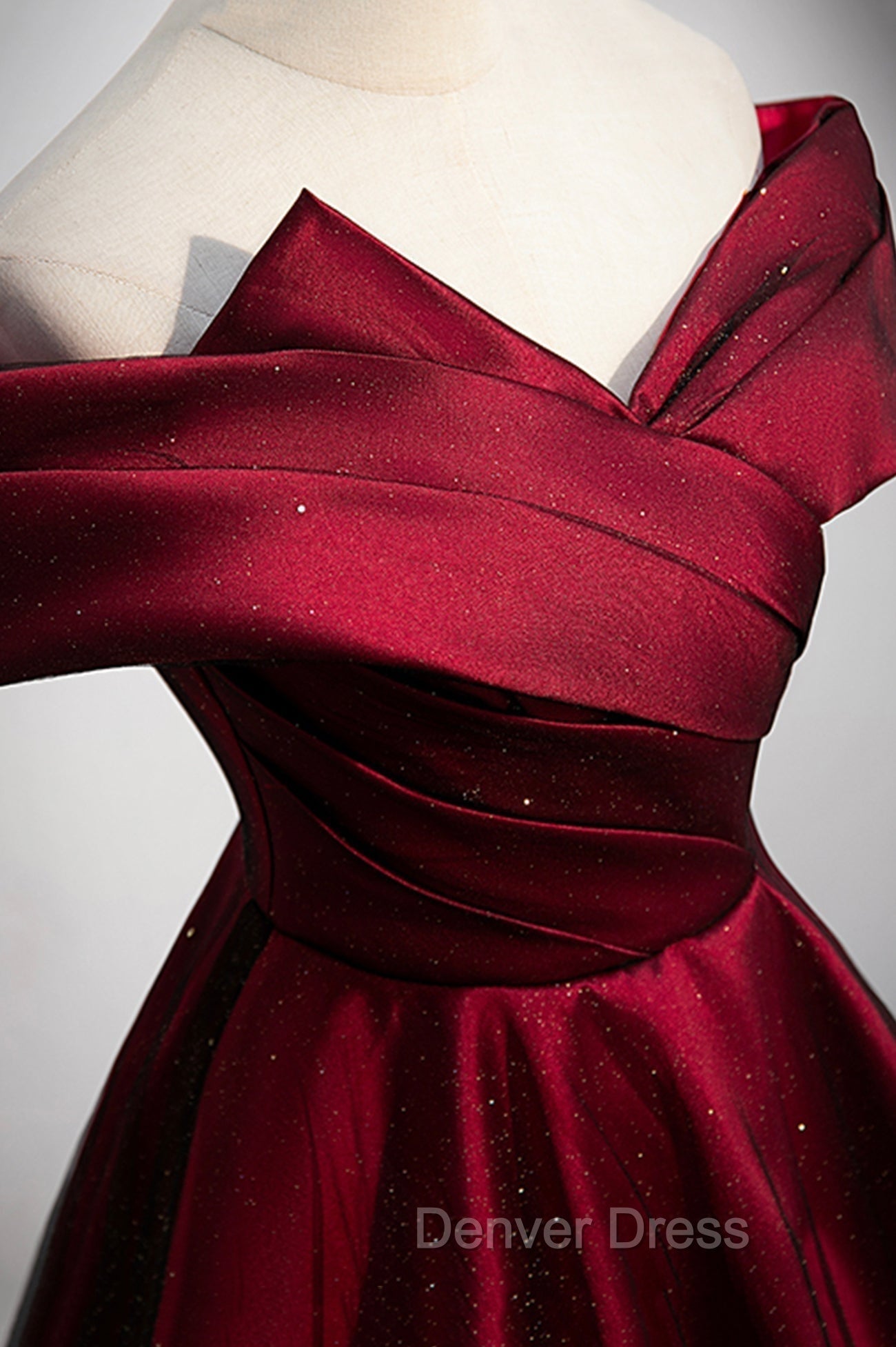 Burgundy Satin Off the Shoulder Prom Dress, A Line Prom Graduation Dresses