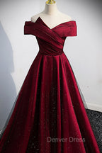 Burgundy Satin Off the Shoulder Prom Dress, A Line Prom Graduation Dresses