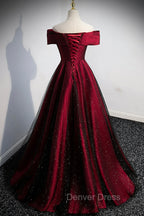 Burgundy Satin Off the Shoulder Prom Dress, A Line Prom Graduation Dresses