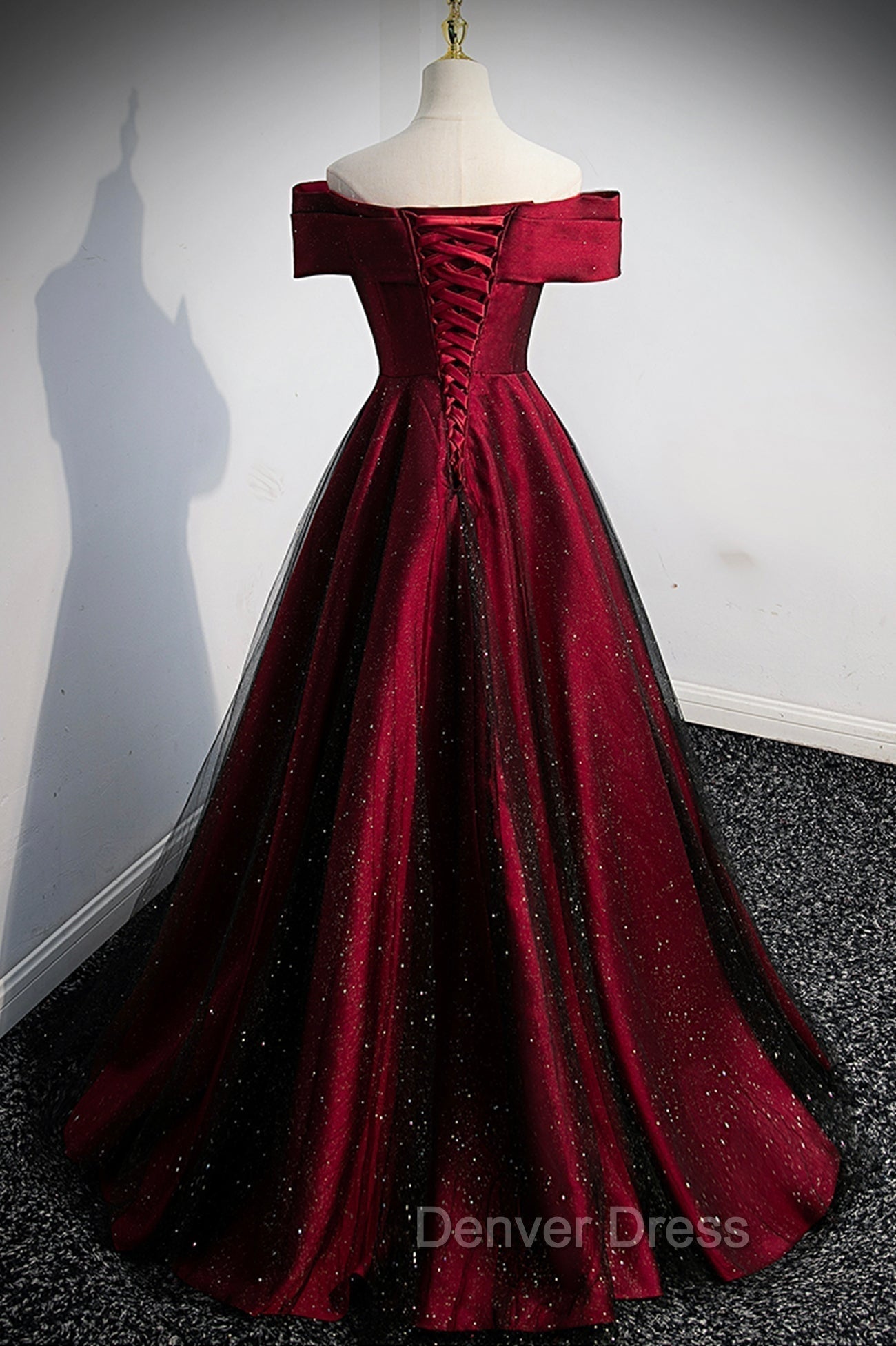 Burgundy Satin Off the Shoulder Prom Dress, A Line Prom Graduation Dresses