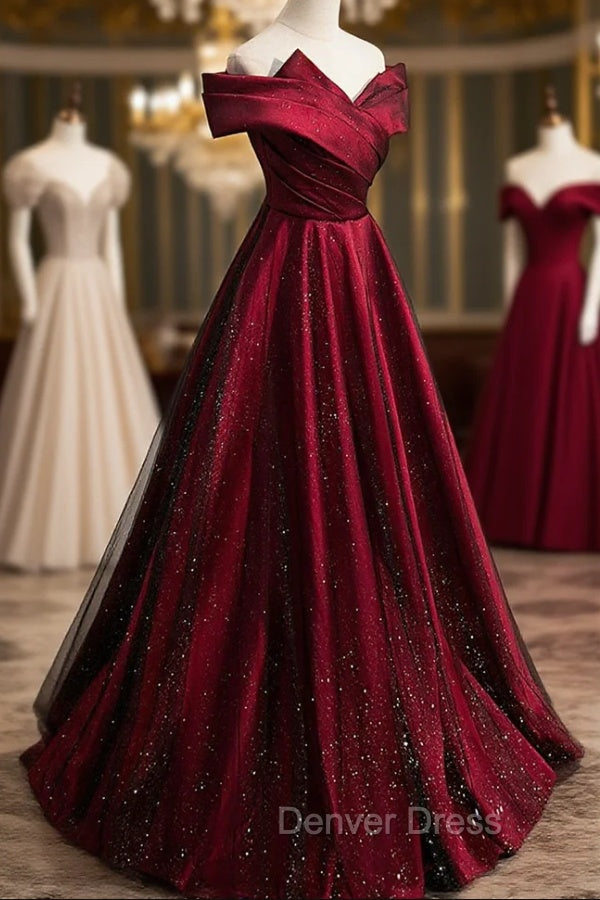 Burgundy Satin Off the Shoulder Prom Dress, A Line Prom Graduation Dresses
