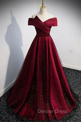 Burgundy Satin Off the Shoulder Prom Dresses, A-Line Evening Graduation Dresses
