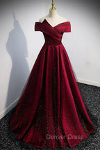 Burgundy Satin Off the Shoulder Prom Dress, A Line Prom Graduation Dresses