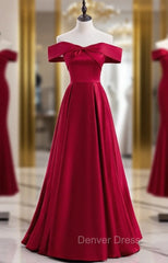 Burgundy Satin Off the Shoulder Prom Dresses