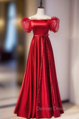 Burgundy Satin Off the Shoulder Puff Sleeve Beading Prom Dresses