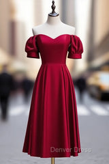 Burgundy Satin Off the Shoulder Puff Sleeve Prom Dresses