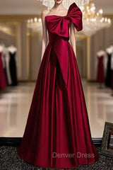 Burgundy Satin One Shoulder Bow Prom Dresses