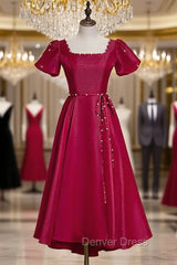 Burgundy Satin Puff Sleeve Backless Prom Dresses