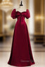 Burgundy Satin Puff Sleeve Beading Bow Prom Dresses