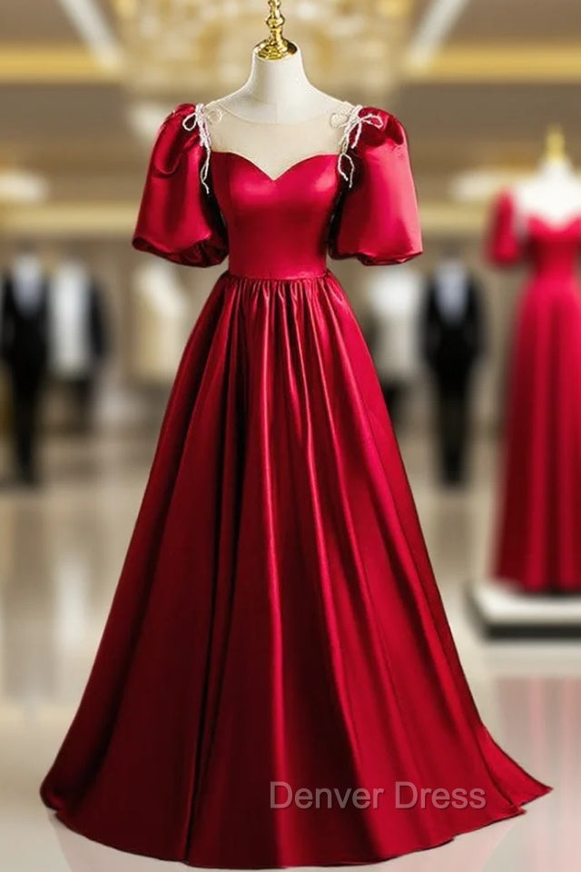 Burgundy Satin Puff Sleeve Beading Prom Dresses