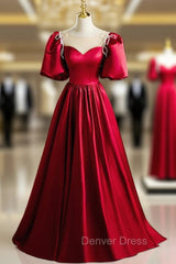 Burgundy Satin Puff Sleeve Beading Prom Dresses