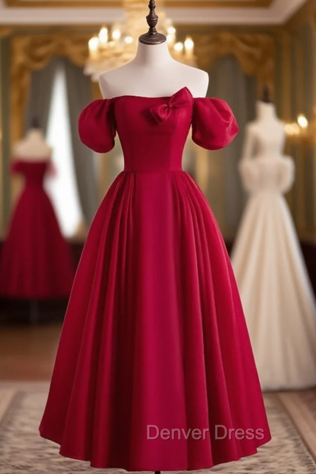 Burgundy Satin Puff Sleeve Bow Prom Dresses