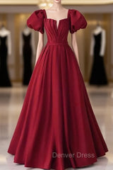 Burgundy Satin Puff Sleeve Pleats Prom Dresses
