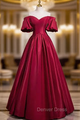 Burgundy Satin Puff Sleeve Prom Dresses