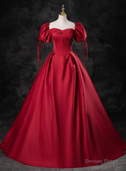 Burgundy Satin Puff Sleeve Strapless Quinceanera Dress