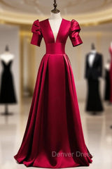 Burgundy Satin Puff Sleeve V-neck Backless Prom Dresses