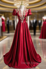 Burgundy Satin Sequins Beading Short Sleeve Prom Dresses