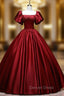 Burgundy Satin Sequins Puff Sleeve Quinceanera Dresses