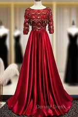 Burgundy Satin Sequins Short Sleeve Prom Dresses