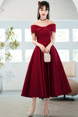 Burgundy Satin Short A-Line Prom Dress, Off The Shoulder Homecoming Party Dress
