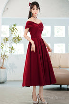 Burgundy Satin Short A-Line Prom Dress, Off The Shoulder Homecoming Prom Dresses