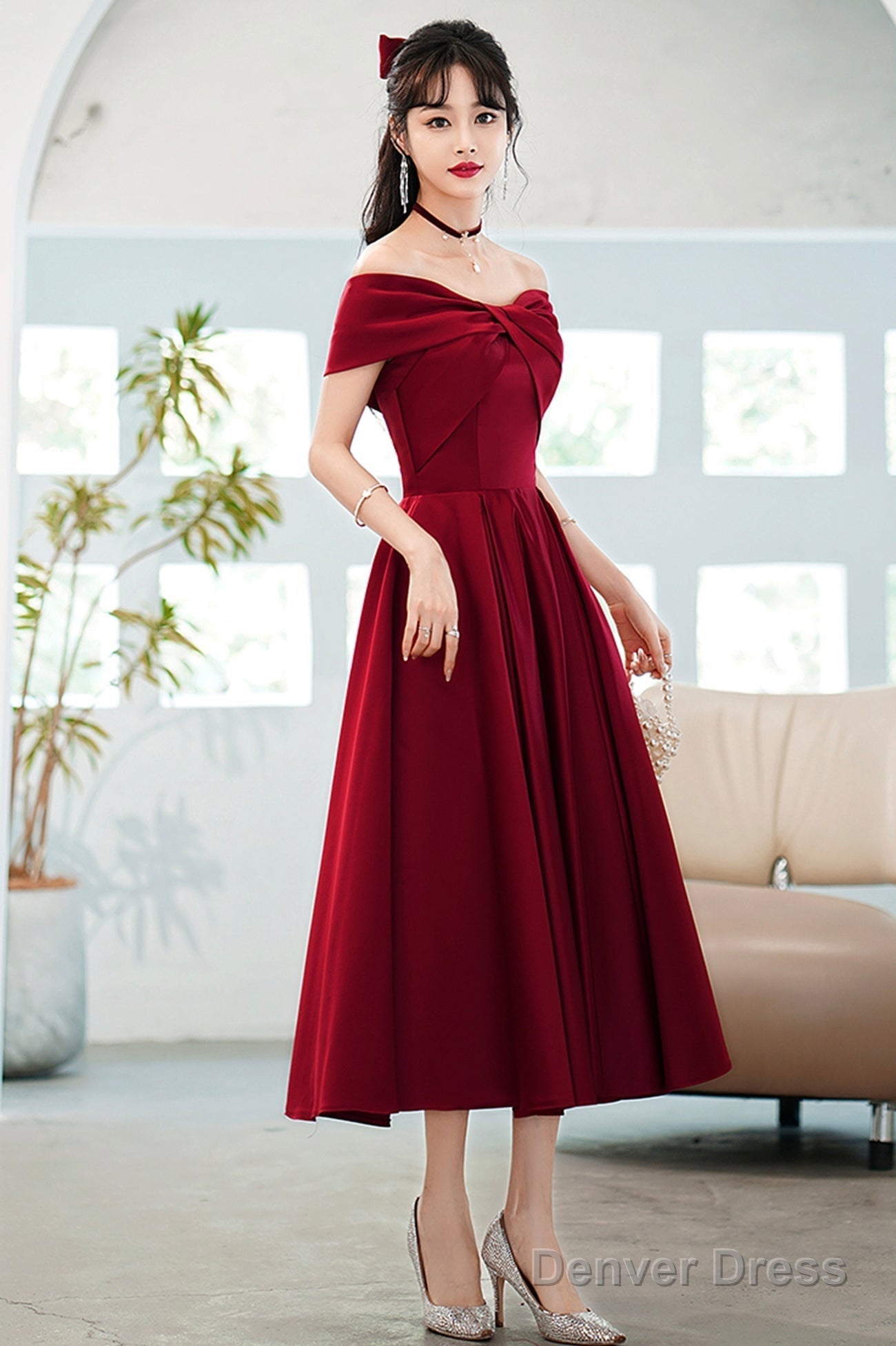 Burgundy Satin Short A-Line Prom Dress, Off The Shoulder Homecoming Prom Dresses