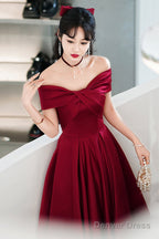 Burgundy Satin Short A-Line Prom Dress, Off The Shoulder Homecoming Prom Dresses