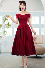 Burgundy Satin Short A-Line Prom Dress, Off The Shoulder Homecoming Prom Dresses