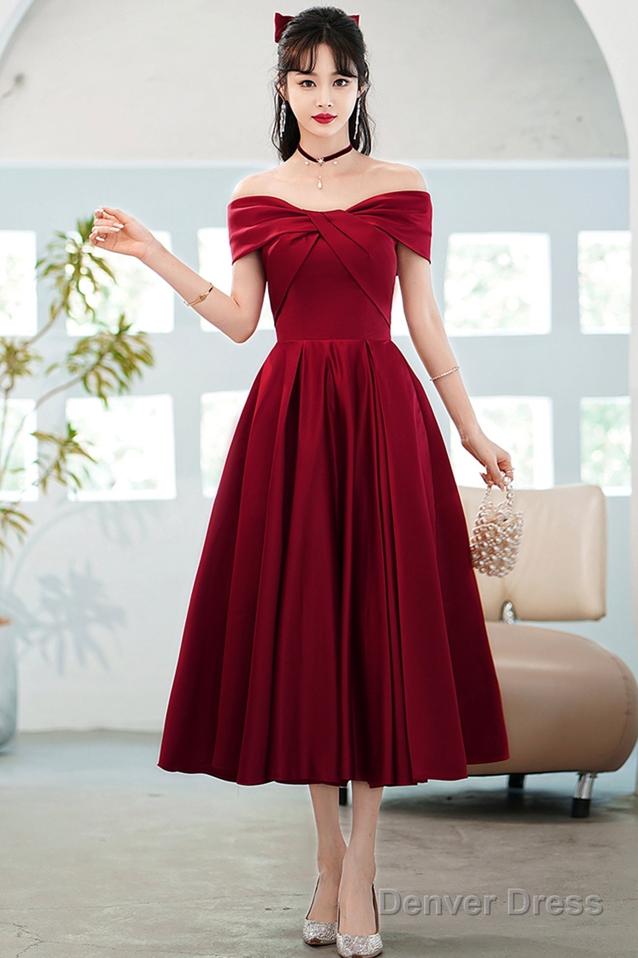Burgundy Satin Short A-Line Prom Dress, Off The Shoulder Homecoming Prom Dresses
