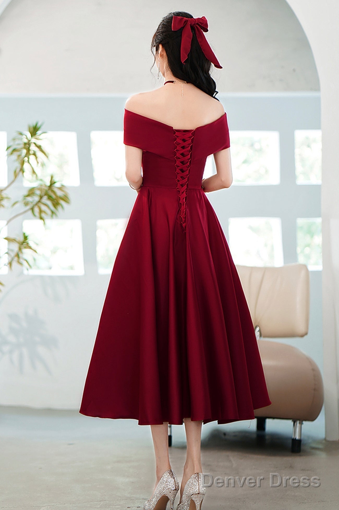 Burgundy Satin Short A-Line Prom Dress, Off The Shoulder Homecoming Prom Dresses