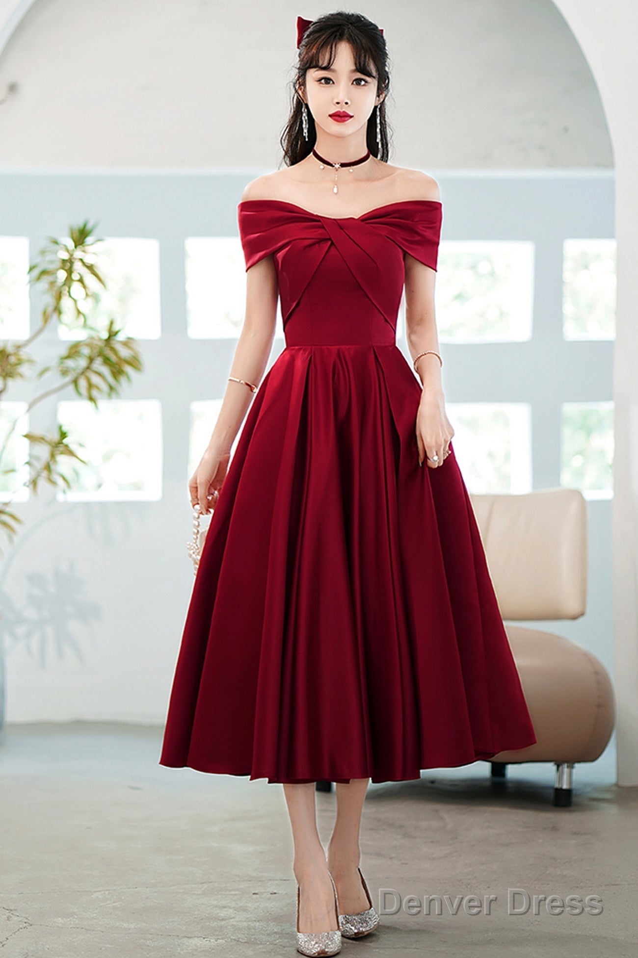 Burgundy Satin Short A-Line Prom Dress, Off The Shoulder Homecoming Prom Dresses Main image