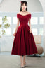 Burgundy Satin Short A-Line Prom Dress, Off The Shoulder Homecoming Prom Dresses