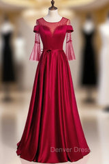 Burgundy Satin Short Sleeve Beading Backless Prom Dresses