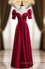 Burgundy Satin Short Sleeve Pearls Prom Dresses