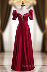 Burgundy Satin Short Sleeve Pearls Prom Dresses