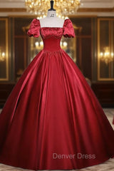 Burgundy Satin Short Sleeve Pleats Prom Dresses