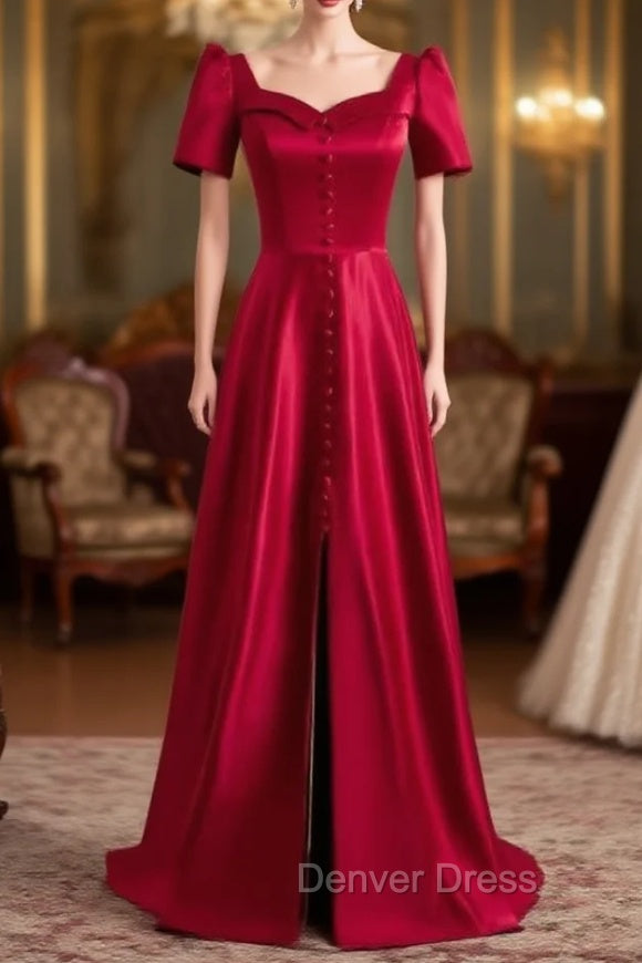 Burgundy Satin Short Sleeve Prom Dresses With Split