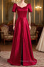 Burgundy Satin Short Sleeve Prom Dresses With Split