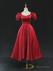 Burgundy Satin Short Sleeve Prom Dress