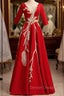 Burgundy Satin Short Sleeve Sequins Appliques Prom Dresses