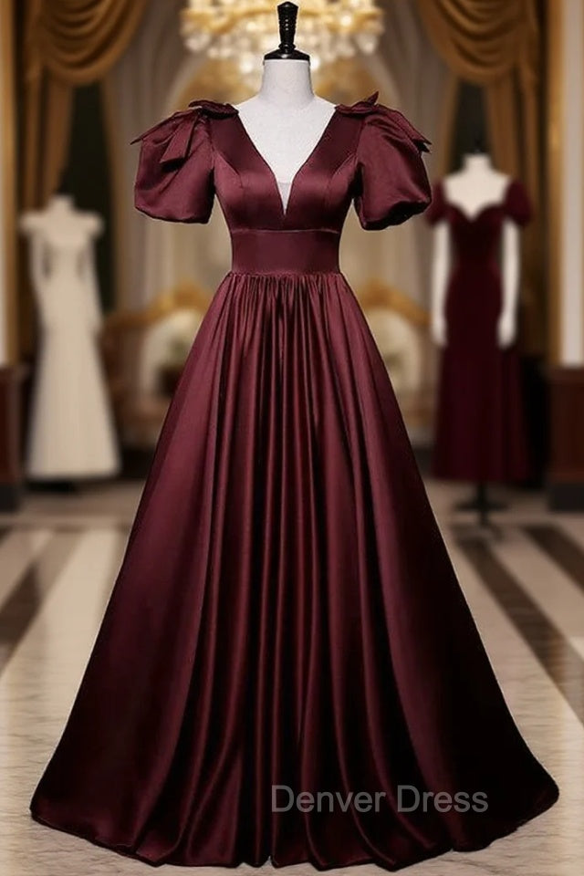 Burgundy Satin Short Sleeve V Neck Prom Dresses