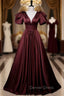 Burgundy Satin Short Sleeve V Neck Prom Dresses