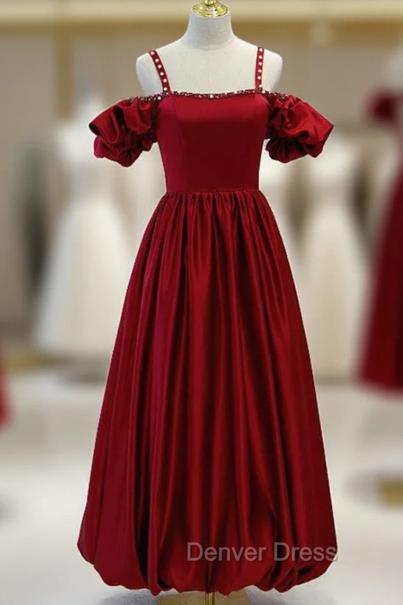 Burgundy Satin Spaghetti Straps Beading Backless Prom Dresses Main image