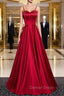 Burgundy Satin Spaghetti Straps Beading Prom Dresses