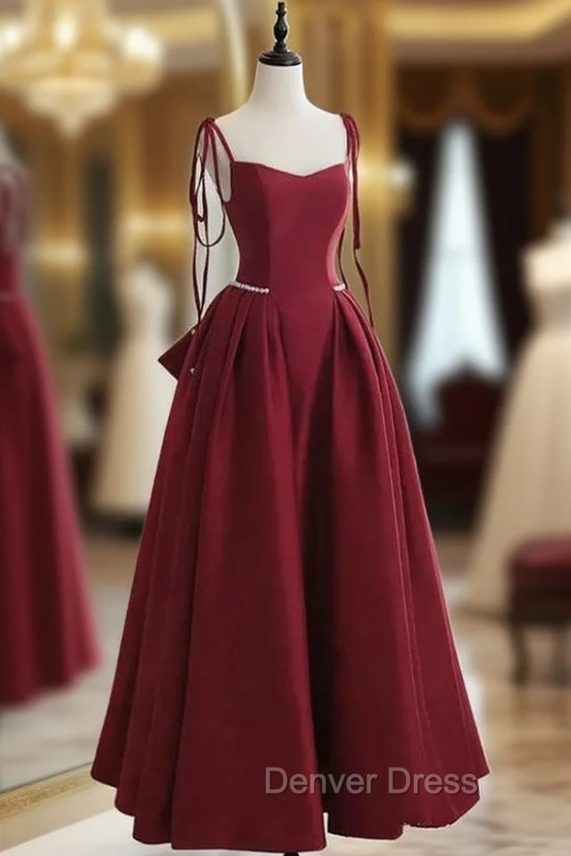 Burgundy Satin Spaghetti Straps Bow Prom Dresses Main image