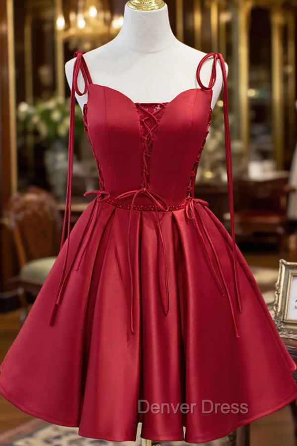 Burgundy Satin Spaghetti Straps Homecoming Dresses Main image