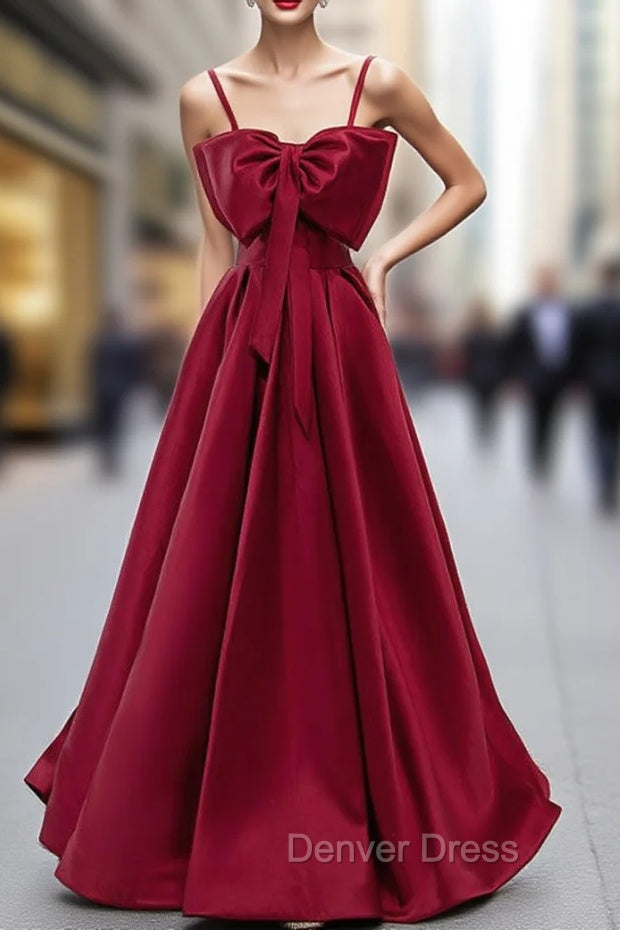 Burgundy Satin Spaghetti Straps Prom Dresses With Bow Main image