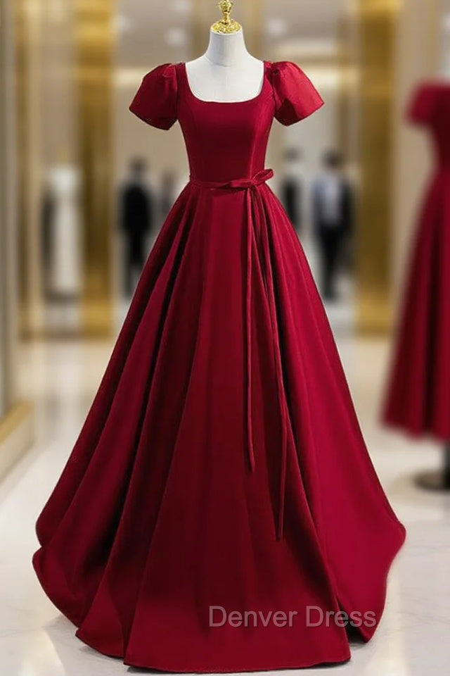 Burgundy Satin Square Beading Short Sleeve prom Dresses