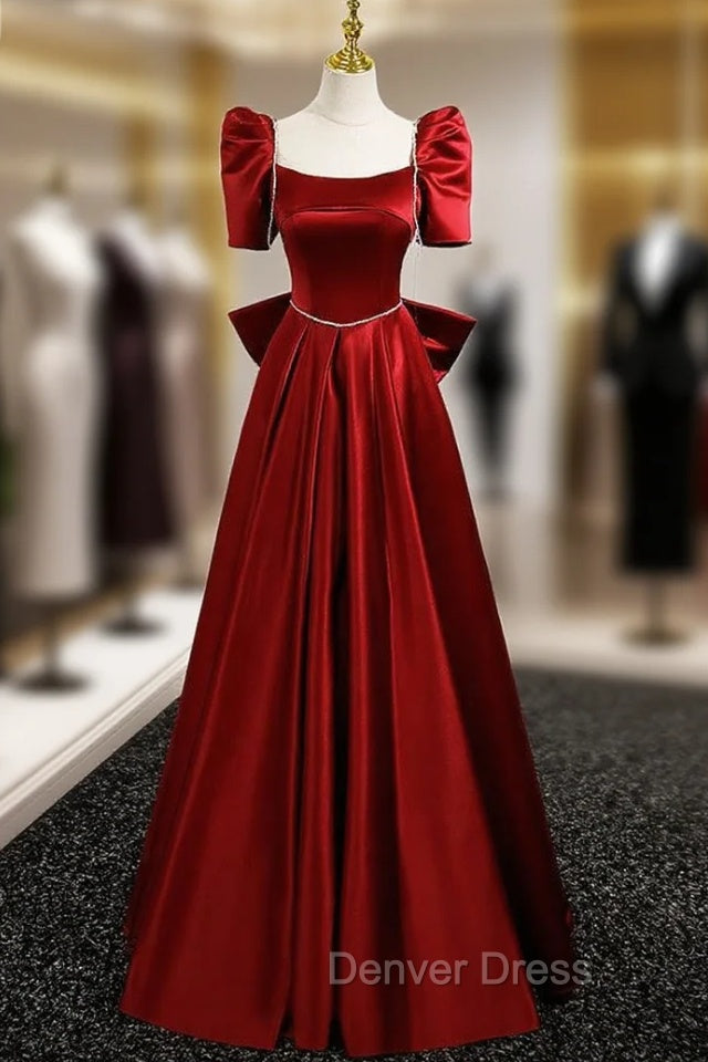 Burgundy Satin Square Neck Short Sleeve Bow Prom Dresses